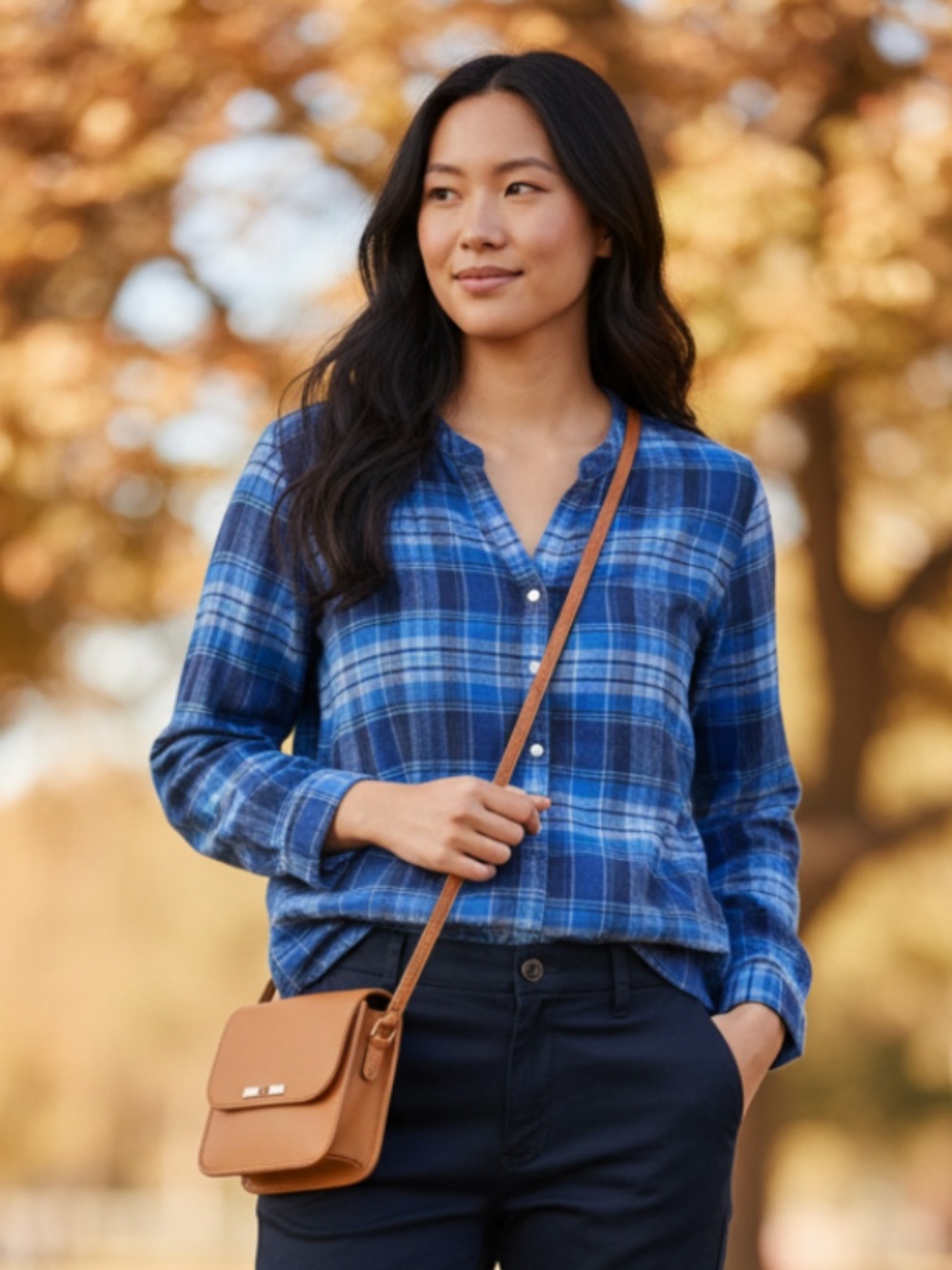 LL Bean Shirt Top Tunic Button Down Sz 1X 16 18 Plaid Flannel Blue Fall Chic!